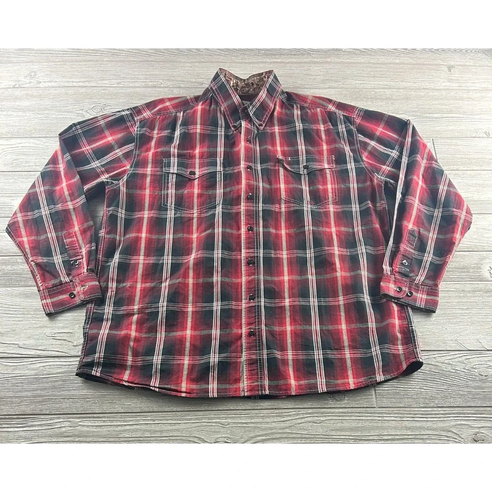 Roper Mens Red/Black Plaid Long Sleeve Button Front Western Shirt Size XL